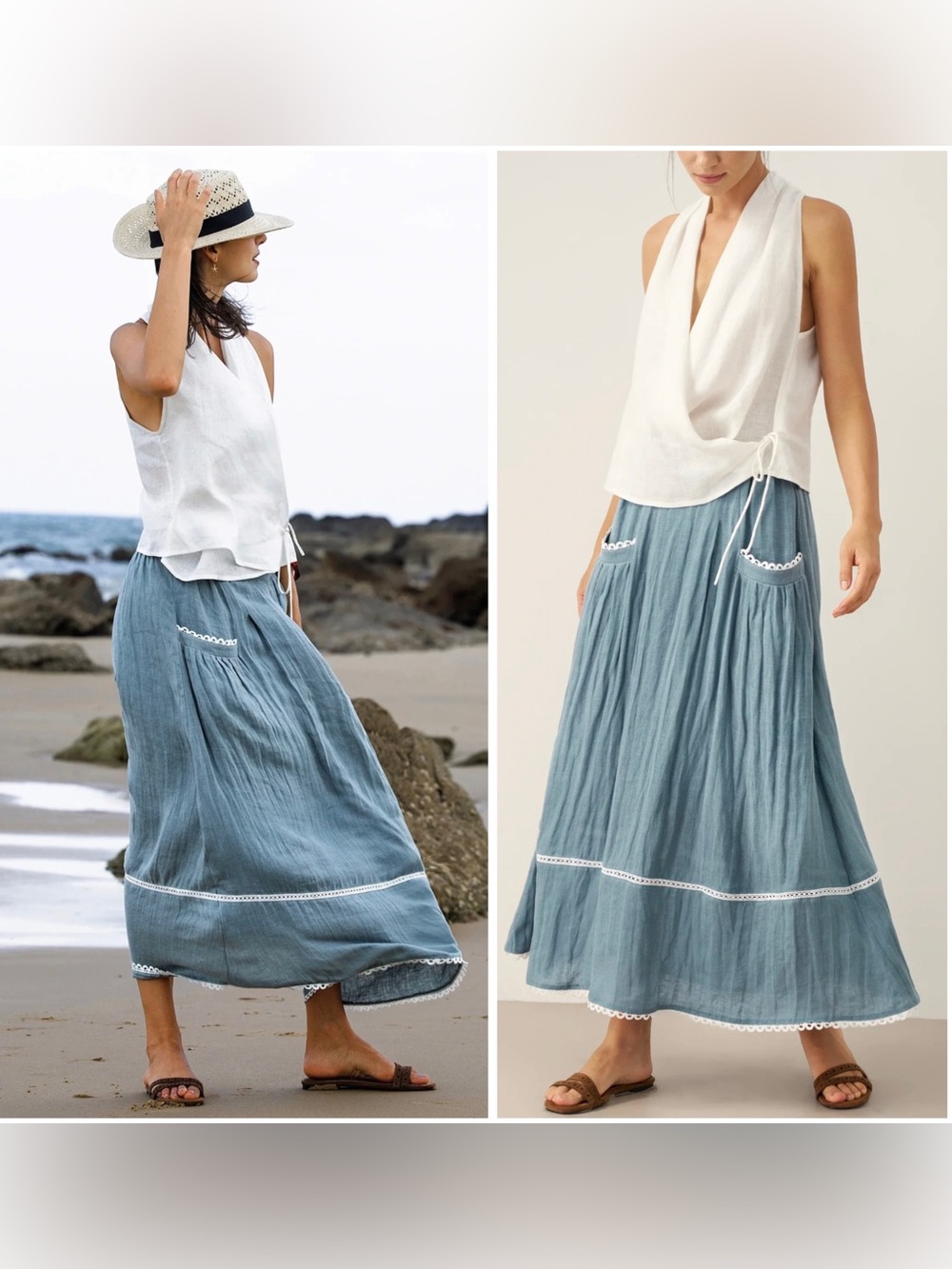 LINTICO 100% Linen Boho Minimalist Cottagecore Feminine Lace Midi Skirt XXL NWT